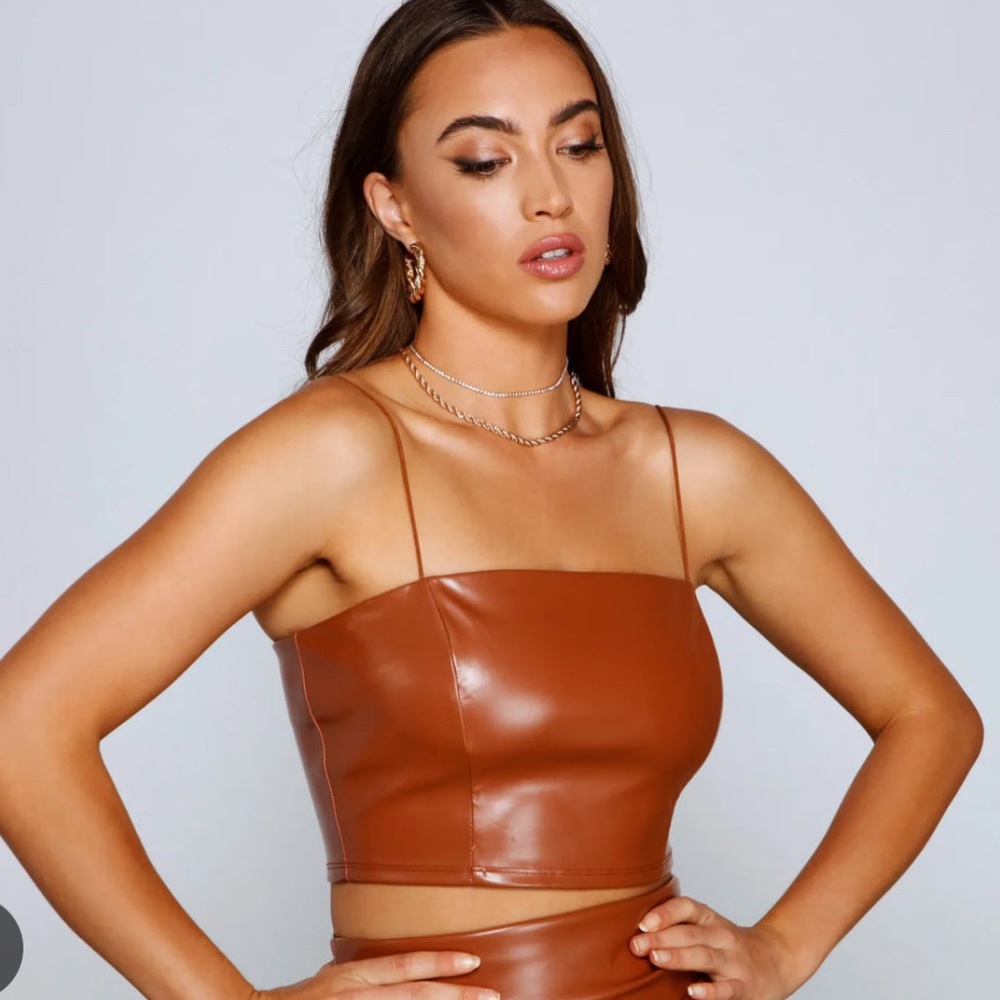 Windsor Store Brown Vegan Leather Crop Top